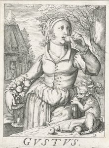 Taste (Gustus), a Woman with Fruits (series title) by Hendrick Hondius (rejected attribution)
