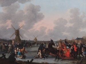 A Winter Landscape with Numerous Horse-Drawn Sleighs on the Ice by Hendrick de Meijer