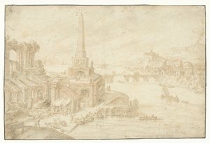Obelisk next to ruins (series title: Regionum, Rurium, Fundorumque) by Hendrick van Cleve