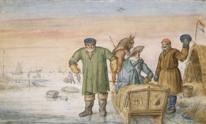 Two Old Men beside a Sled Bearing the Coats of Arms of Amsterdam and Utrecht by Hendrik Avercamp