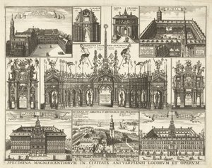 Sheet with Ten Depictions of the Entry of Cardinal-Infant Ferdinand into Antwerp, 1635 (Specimina magnificentiorum in civitate Antverpiensi locorum et operum) (title on object)