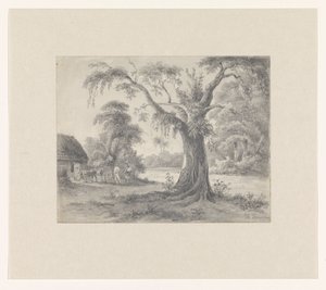 Landscape with a Tree and Hut with Horse and Wagon and Two Figures by Hendrik Huygens (signed by artist)
