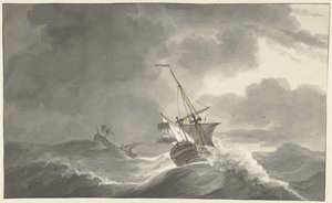 Two Ships at Sea in a Storm by Hendrik Kobell