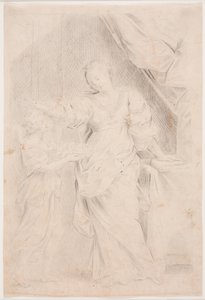 Standing Woman with Left Hand on a Book. To the Left, a Youth Brings Her a Dish of Fruits, Which She Rejects by Hendrik Krock