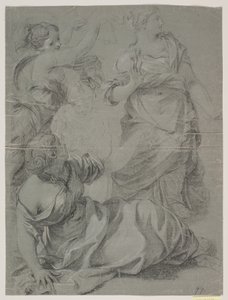 Three Draped Female Figures and a More Sketched Head and Upper Body of a Fourth