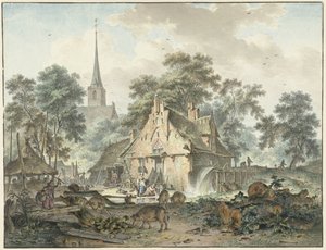 Watermill and Village Church by Hendrik Meijer