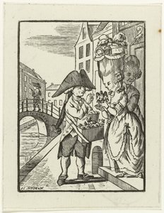 Street Vendor of Fireplace Decorations with Two Customers