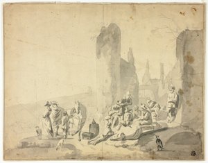 Harborside Scene with Various Figures