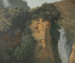 Overgrown Cliffs with a Waterfall in Italy, perhaps at Tivoli by Hendrik Voogd (attributed to)