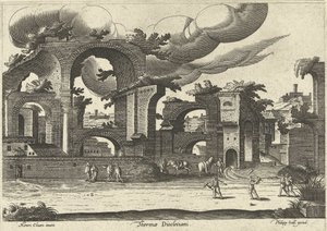 Ruins of the Baths of Diocletian with two men playing croquet in the foreground, 1585 by Hendrik van Cleve III