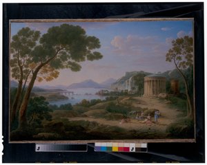 An Extensive Classical Landscape with Figures Seated Before a Tempietto by Hendrik van Lint