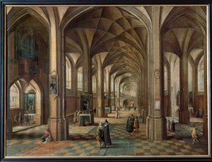 Interior of a church, Sacristan showing altar to visitors