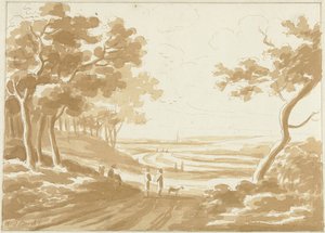 Landscape with a path on which people walk by Hendrik van der Burgh