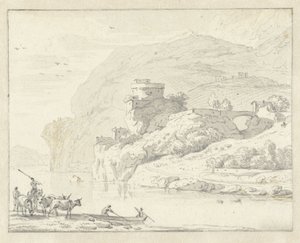 Italianate Mountain Landscape with Herders and Cattle, and Two Figures in a Boat Crossing the River by Hendrik van der Straaten (attributed to)