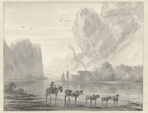 Rocky River Landscape with a Herder with his Cattle and Sheep by Hendrik van der Straaten
