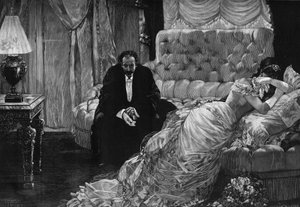 Return from the prom: a jealousy scene between a woman in tears and a man nervously taking off her gloves. Engraving after the painting by Henri Gervex (1852-1929). In 