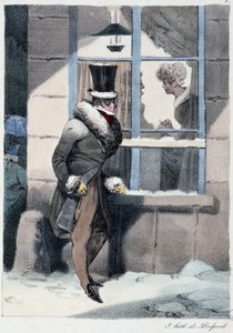 Curious Man Looking Out the Window Inside a House: Everyone Takes His Pleasure Where He Finds Him - in Les Pastemps by Henri Monnier, ed. Delpech, Paris by Henri Bonaventure Monnier