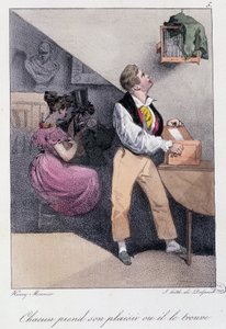 Man Who Breeds Birds While His Wife Cheats on Him: “Everyone Takes His Pleasure or He Finds Him” - in “Les pastemps” by Henry Monnier, ed. Delpech, Paris, v.1830 by Henri Bonaventure Monnier