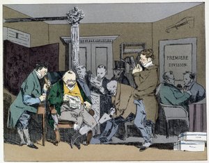 Ten hours: reading newspapers, lunches, size of feathers - in "Administrative mores" by Henri Monnier