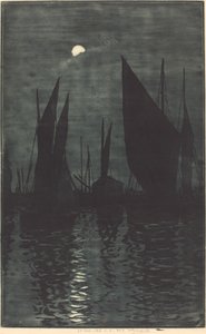 Moonlight in the Harbor at Dieppe by Henri Charles Guérard