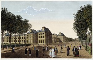 Garden and Palais du Luxembourg seen from the terrace of the small Luxembourg. Engraving by Courvoisier