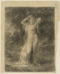 Standing Naked Woman in a Forest Landscape with Water