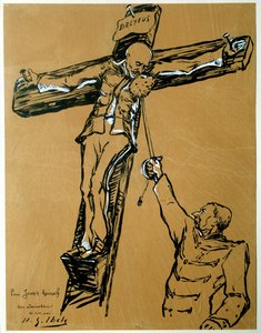 Satire on the Dreyfus affair: “Captain Dreyfus and General Mercier (1833-1921): the minister of war who sentenced Dreyfus, in the place of the Roman soldier, extends a sponge to Captain Dreyfus crucified so that he wipes his face” by Henri Gabriel Ibels