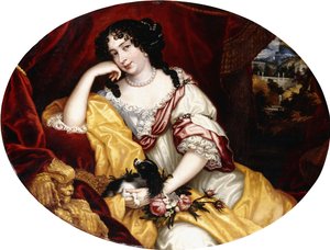 Portrait of a Lady, Seated Three-Quarter Length, with Her Dog before an Open Window, an Italianate Landscape Beyond