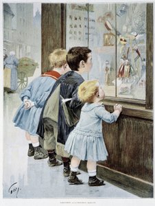 The Temptation: Children in Front of a Showcase Looking at Toys - Illustration by Geoffroy, in 