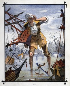 Lemuel Gulliver at the center of a naval battle between the ships of Lilliput and Blefuscu