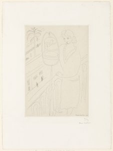 Young Woman on a Balcony Looking at Parakeets