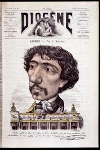 Cartoon of Charles Garnier, sitting on his work, the Opera Garnier - in 