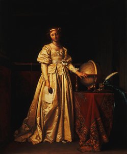 A Lady in an Interior, in a Yellow Satin Dress, with a Globe on a Table Beside her, Mourning the Absence of her Husband by Henri Nicolas van Gorp