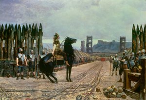 Gallic leader Vercingetorix surrendering to Roman chief Julius Caesar after the Battle of Alesia in 52 BC