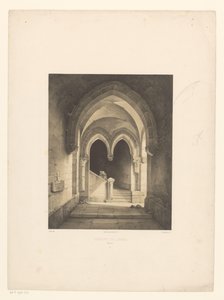 Interior of a monastery with two monks in the background