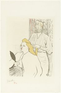 Hairdresser Combing the Hair of a Seated Woman with Mirror in Hand