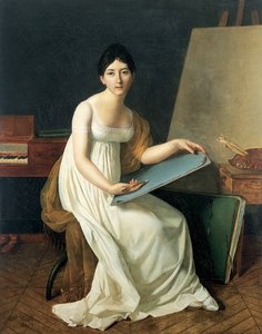 Portrait of the Artist, wearing a white dress and holding a sketching by Henriette Lorimier