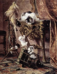 A cat watches her kittens play - by Henriette Ronner