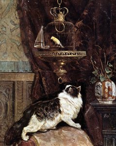 Cat Spying on a Bird in a Cage by Henriëtte Ronner Knip