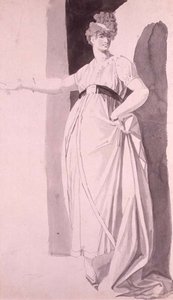 Young Woman with Elaborate Coiffure Standing with Outstretched Right Arm