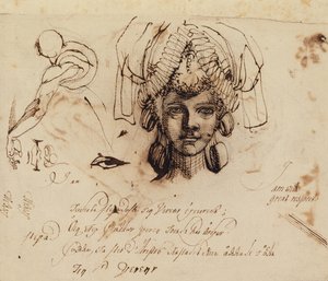Mrs. Fuseli wearing an Elaborate Headdress and Studies of an Eye, Mouth and Torso by Johann Heinrich Füssli