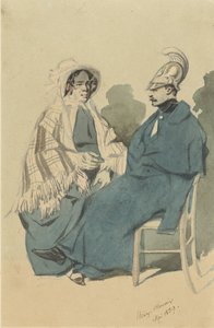 Cuirassier with Helmet and Blue Cloak, Sitting Next to an Old Lady in Travel Attire