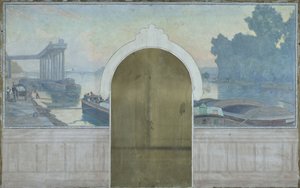 Sketch for the Marriage Hall of the Asnières Town Hall: Landscape. Barges on the Seine, with the Asnières Bridge, circa 1900 by Henry Bouvet