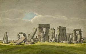 Stonehenge from the S.E, showing stones in ruined state with 2 visitors by Henry Browne