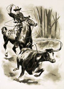 A cowboy ropes a steer from horseback with a lasso by Henry Charles Fox