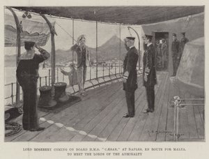 Lord Rosebery coming on Board HMS Caesar, at Naples, En Route for Malta, to meet the Lords of the Admiralty by Henry Charles Seppings Wright