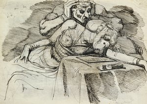 A Woman Swooning at a Writing Table with a Threatening Figure Behind