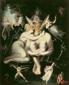 Titania Awakes, Surrounded by Attendant Fairies, Clinging Rapturously to Bottom, Still Wearing the Ass