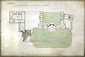 Brighthelmstone, or Brighton Pavilion - general plan of house and stables with grounds, showing extension by architect Henry Holland (1745-1806), c.1801