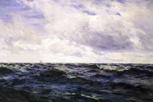 Seascape, with a boat sign on the left, and a cutter represented in the middle of a race on the right, both represented at a very great distance